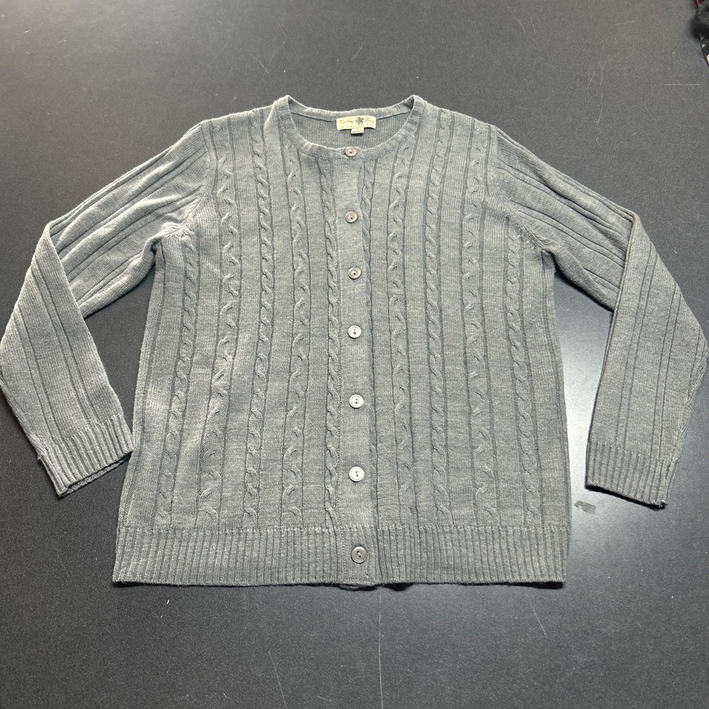 Turtle Bay Heather Gray Cable Knit Button Front Cardigan Women's L Old Money